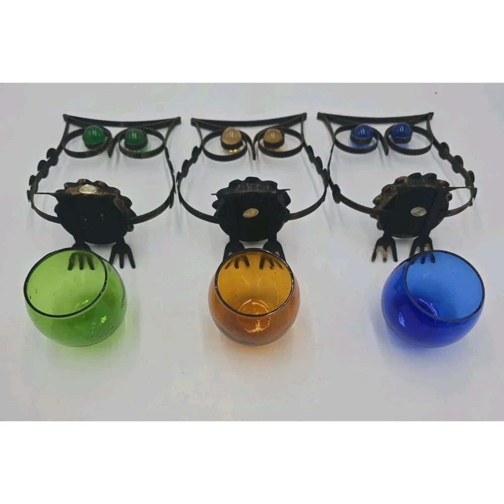 3 Metal Owl Tealight Votive Candle Holder w/Glass Candle Holder Farmhouse